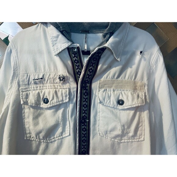 FREE PEOPLE Weekend Wanderer Wht Chambray Distressed Embroidered Hoodie Jacket L - Picture 5 of 8